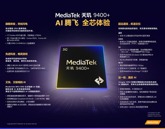 ​联发科天玑9400+芯片发布，AI性能大提升，游戏功耗更低！