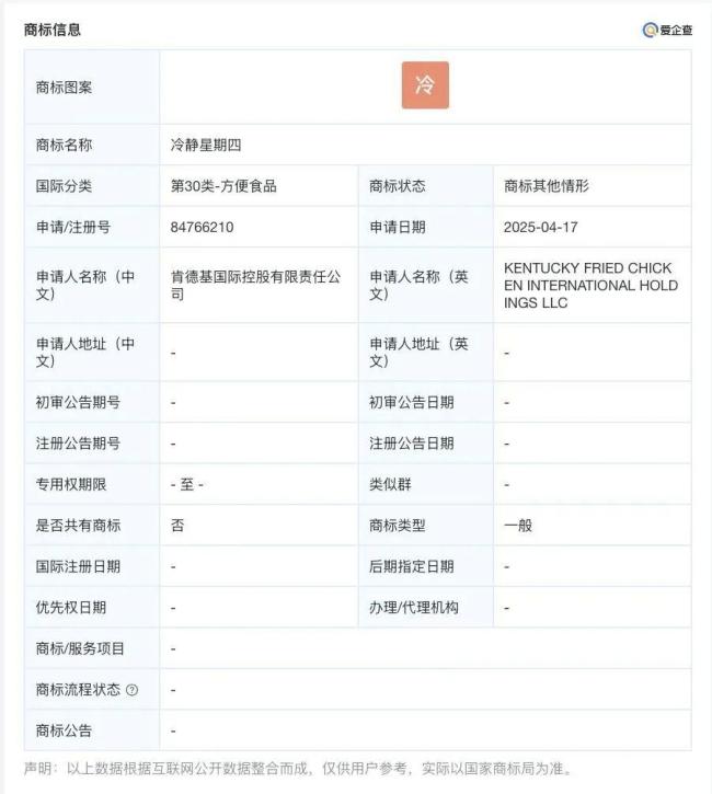 肯德基申请注册冷静星期四