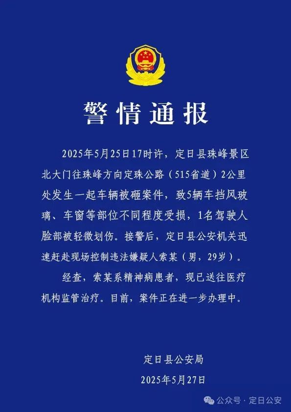 西藏定日县警方通报多车被砸案件：29岁嫌疑人系精神病患者，已送往医疗机构监管治疗