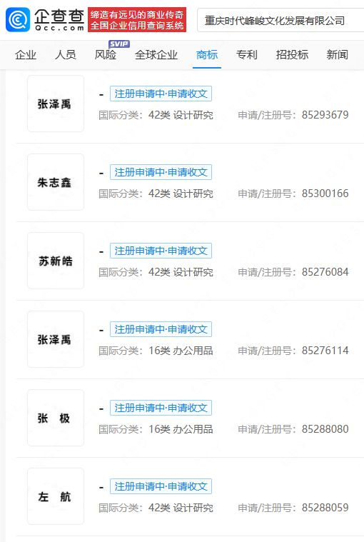 时代峰峻申请登陆少年成员姓名商标